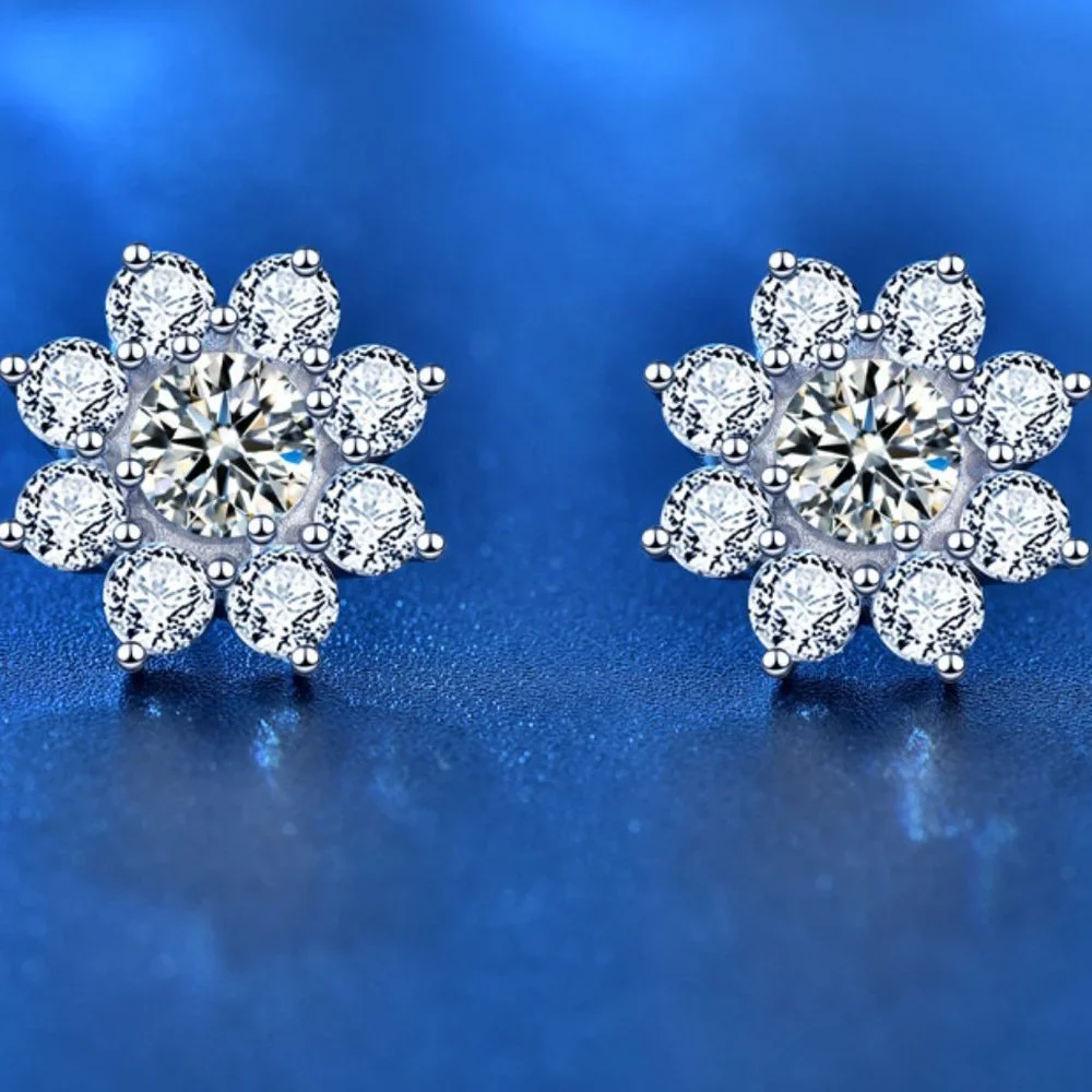 Certified 1ct. t.w. Diamond Moissanite Sun Flower Stud Earrings NEW J - Picture 1 of 8